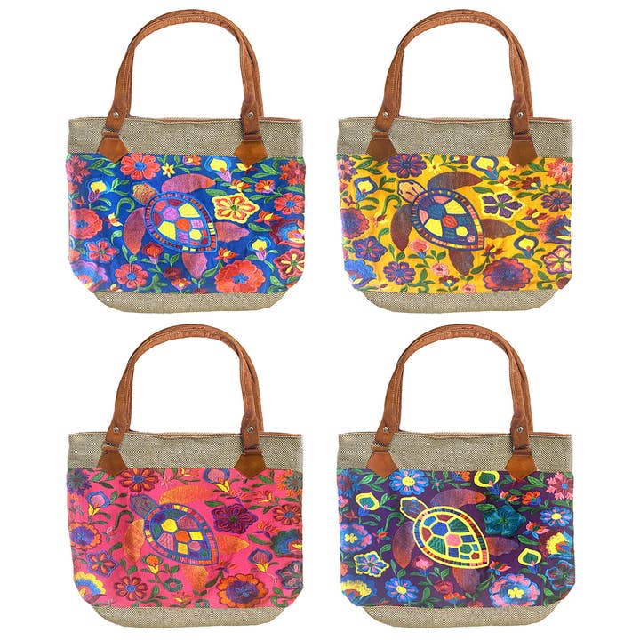 Embroidered Floral Sea Turtle Burlap Suede Purse Tote Bag for wholesale by Pichincha