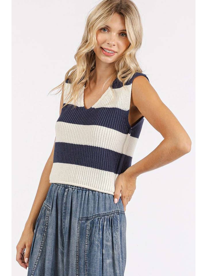 mittoshop - Wholesale Sweater Vest - Women's - STRIPED V-NECK CROPPED SWEATER VEST TOP34