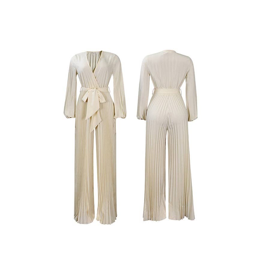 Paperdoll – wholesale Jumpsuit – Women's – V neck Sexy Lace up Pleated Wide Leg Jumpsuit1