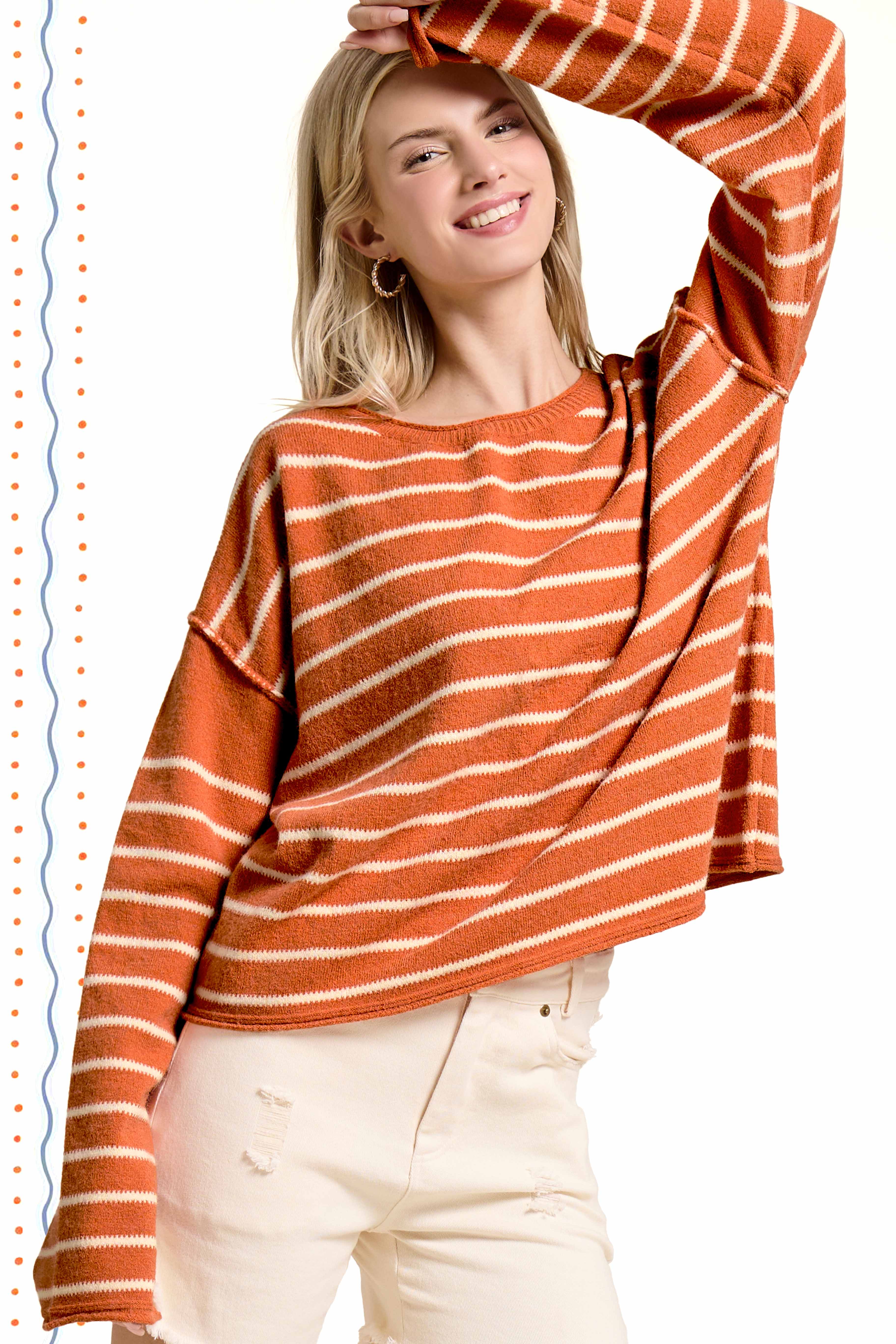 La Miel - Wholesale Knit Sweater - Women's - MCS3588-Striped Round Neck Loose Fit Long Sleeve Sweater1