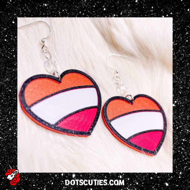 glitter heart Lesbian Pride flag dangle earrings | pink, blue, purple, glitter, cute, Pride, LGBTQIA+ for wholesale by Dot's Cuties
