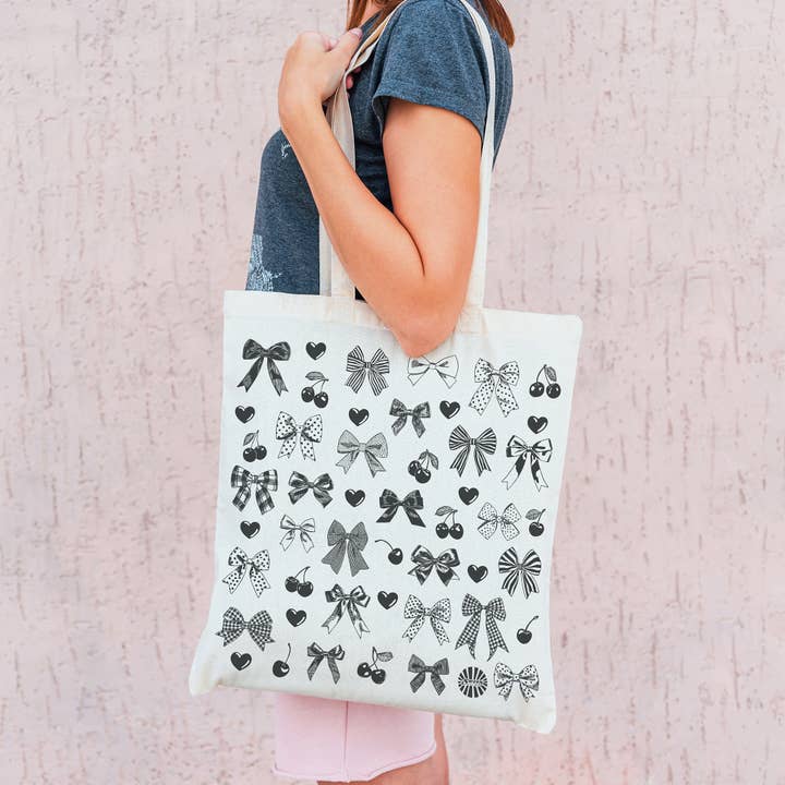 Sween Shop - Wholesale Tote Bag - Women's - Cherry Heart & Bow Coquette Canvas Tote Bag Gift8
