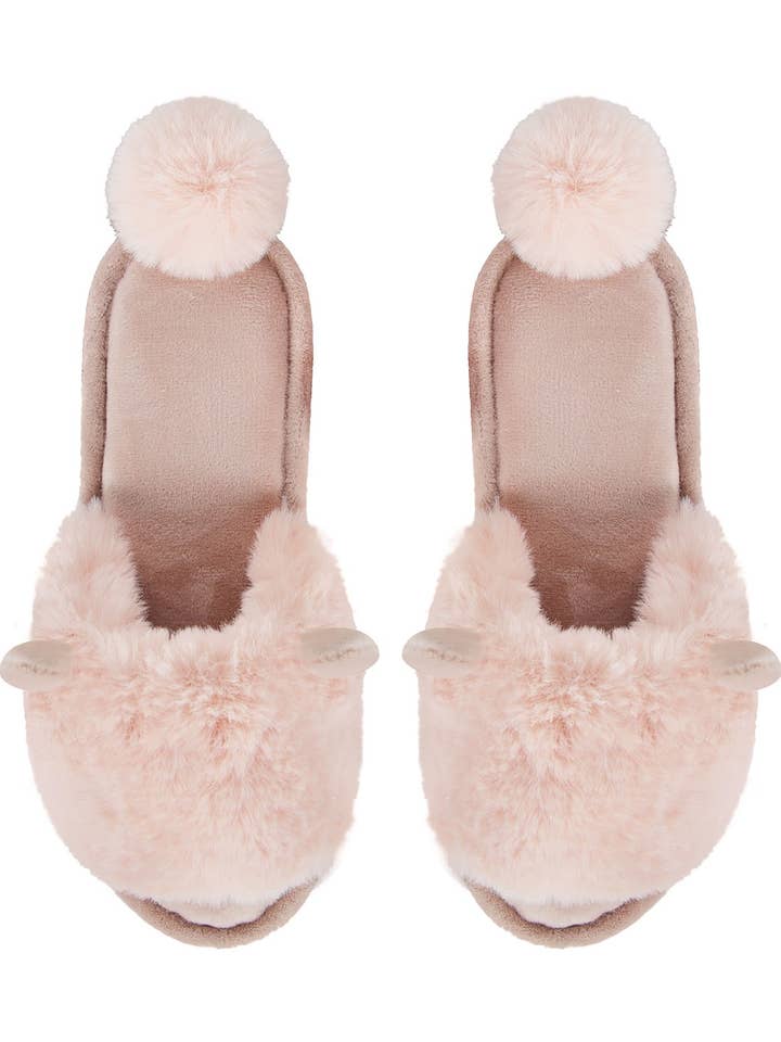 MeMoi Bunny Hop Pompom Open Toe Plush Slippers for wholesale by Infinity Classics International Inc.
