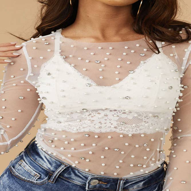Women Pearl Mesh Sheer Crop Top Beaded Rhinestone See Through Long Sleeve  Embellished Dot Lace Sexy Blouse Shirt Girl (Beige,S,Small) at   Women's Clothing store