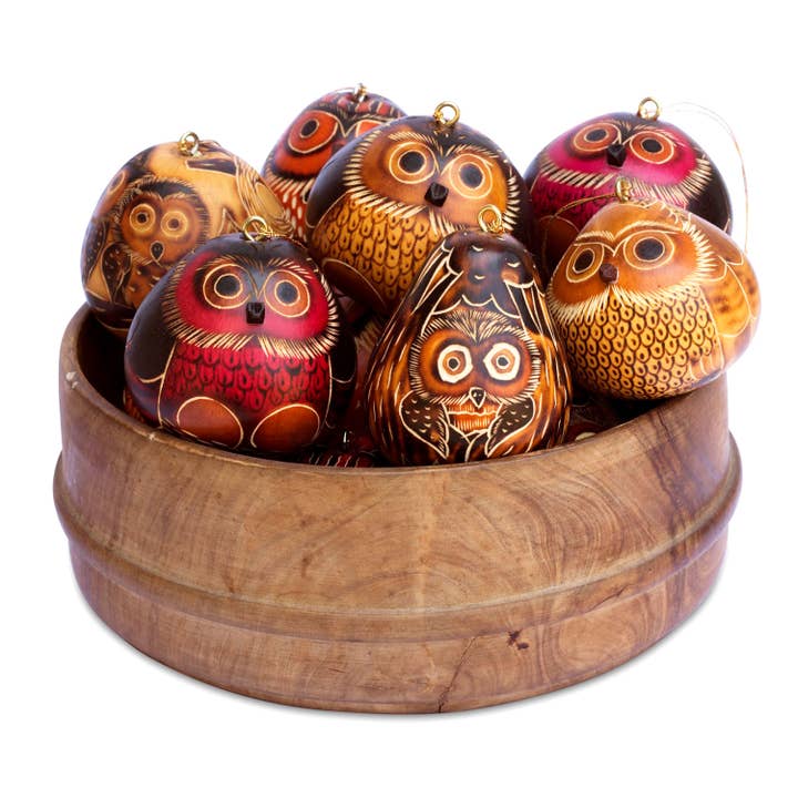 Lucuma Designs - Wholesale Ornament Set - Owls Mini Mix- Gourd Ornament - Fair Trade Gift
