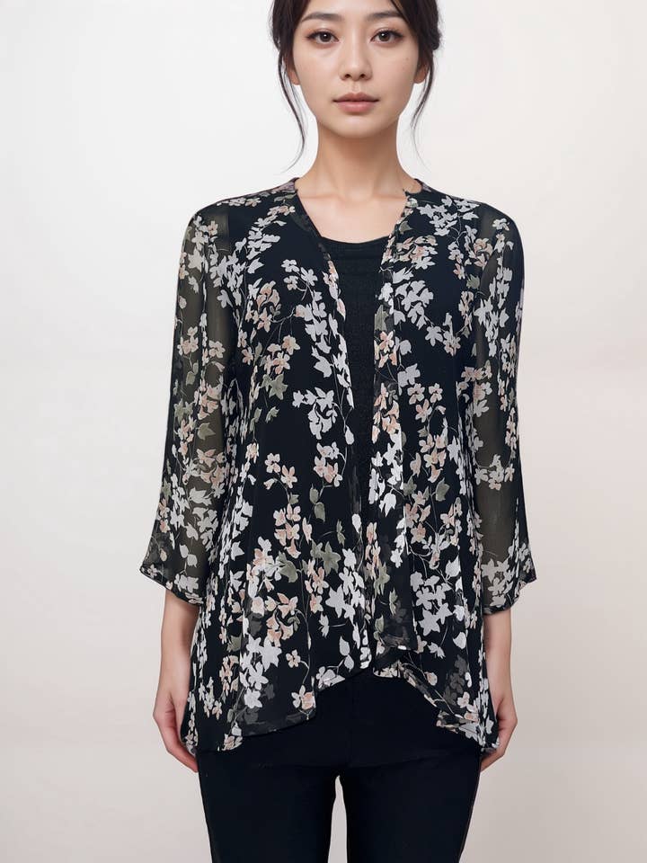 Casual & Co. - Wholesale Cardigan - Dames - Bloemen Transparant Vest - Zwart met Zachte Pastelkleurige Bloemen1