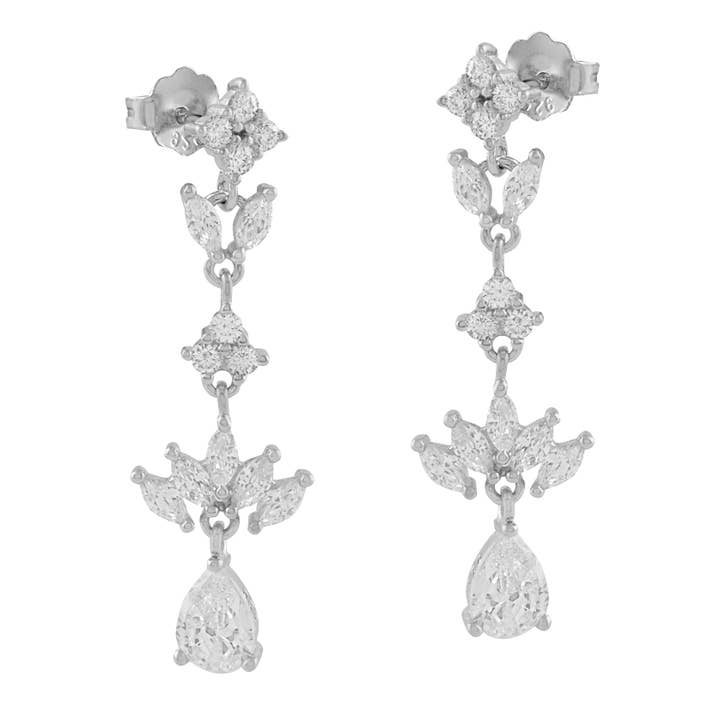 Long silver earrings with asymmetrical white zircons for wholesale by Itemporality