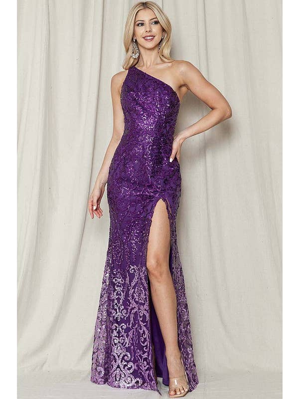 Maniju - Wholesale Gown - Women's - One Shoulder Sequin Ombre Slit Maxi Dress