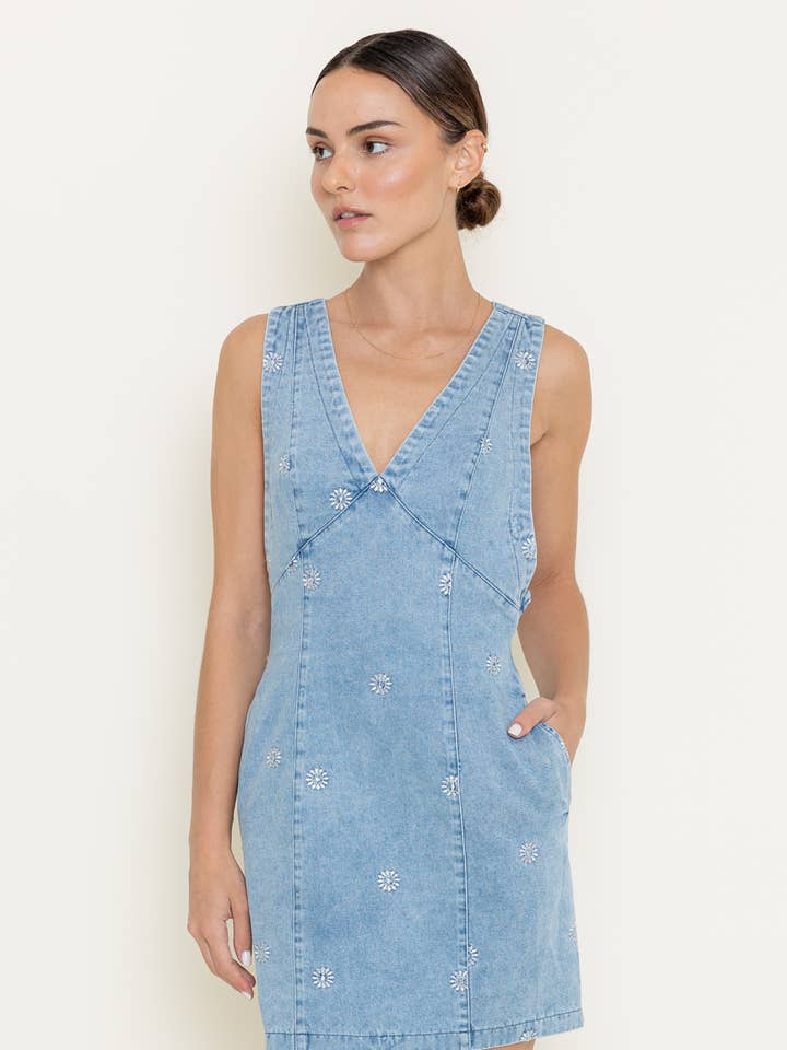 DENIM RETRO FLOWER DAISY EMBROIDERED VNECK MINI DRESS-DI9852FO for wholesale on Faire
