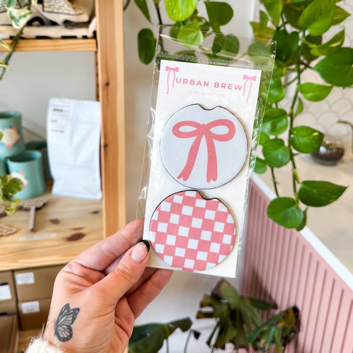 Pink Bow & Check Set of Car Coasters for wholesale by Urban Brew