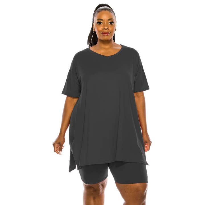 To Star - Wholesale Lounge Set - Women's - PLUS Oversized Side Split V-Neck Short Set