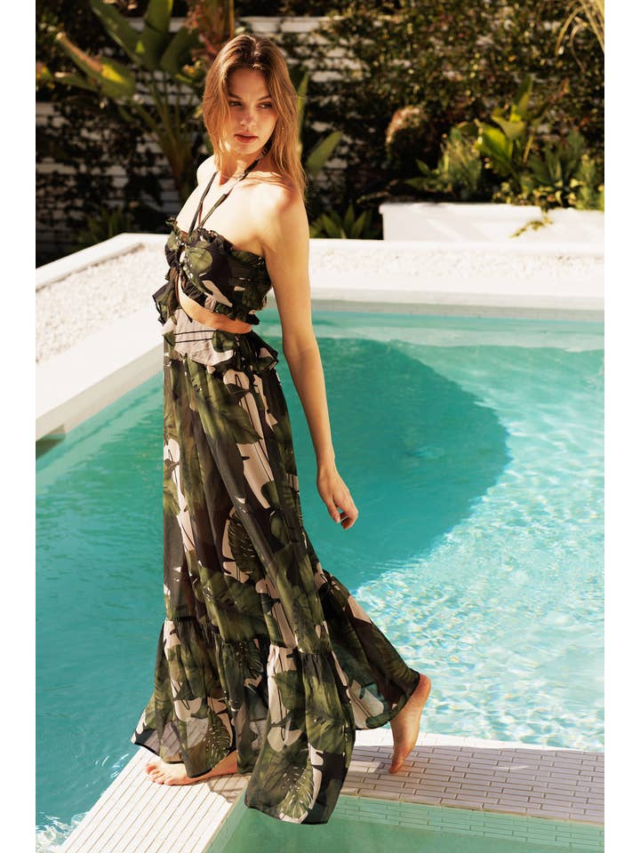 Black Leaf Tropical Palm Halter Maxi Dress for wholesale on Faire5