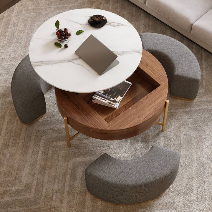 39F Inc. - Wholesale Coffee Table - Modern Lift-Top Round Coffee Table w/3 Nesting Ottomans