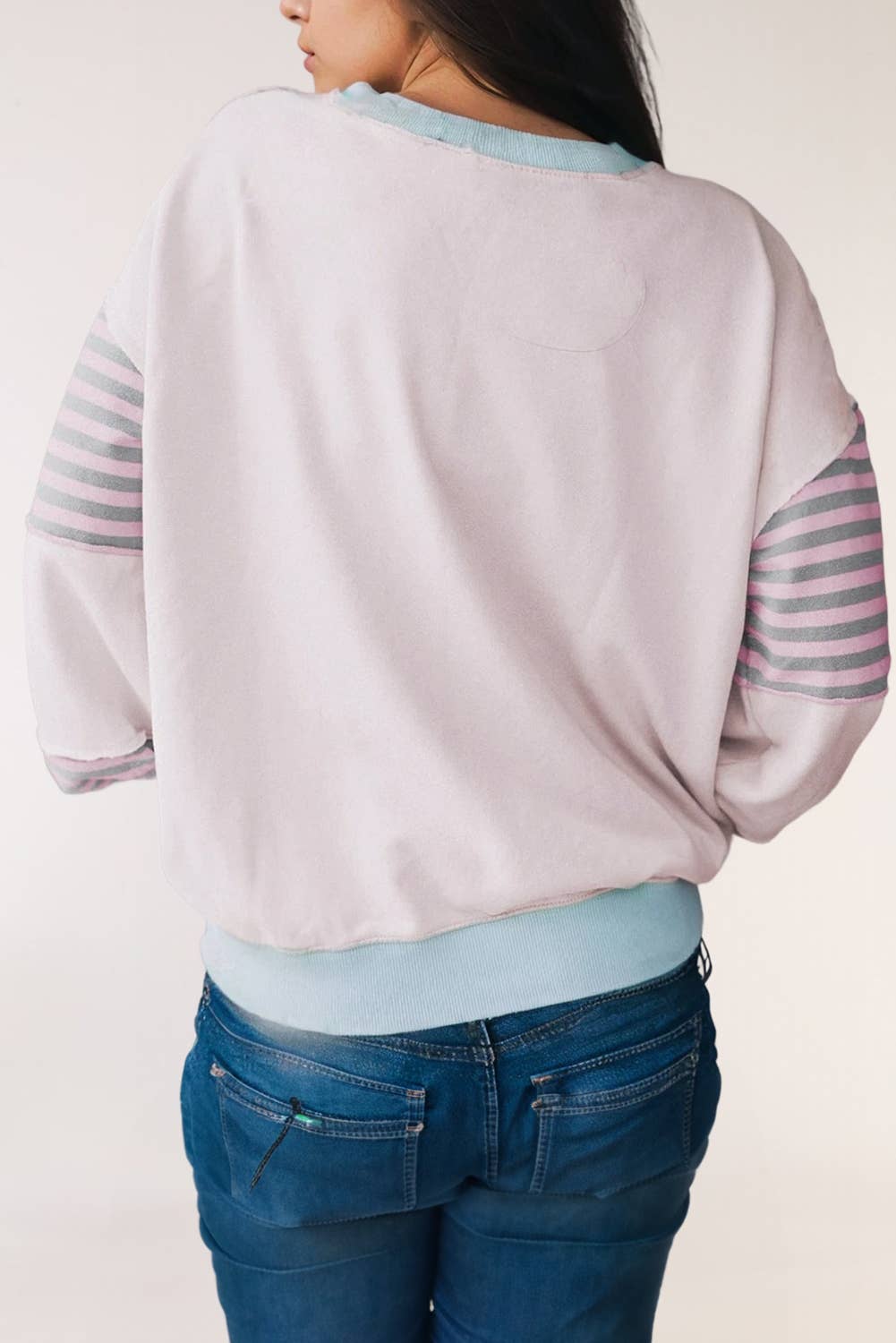 LA Society - Wholesale Sweatshirt - Women's - Striped Colorblock Patchwork Drop Shoulder Sweatshirt3