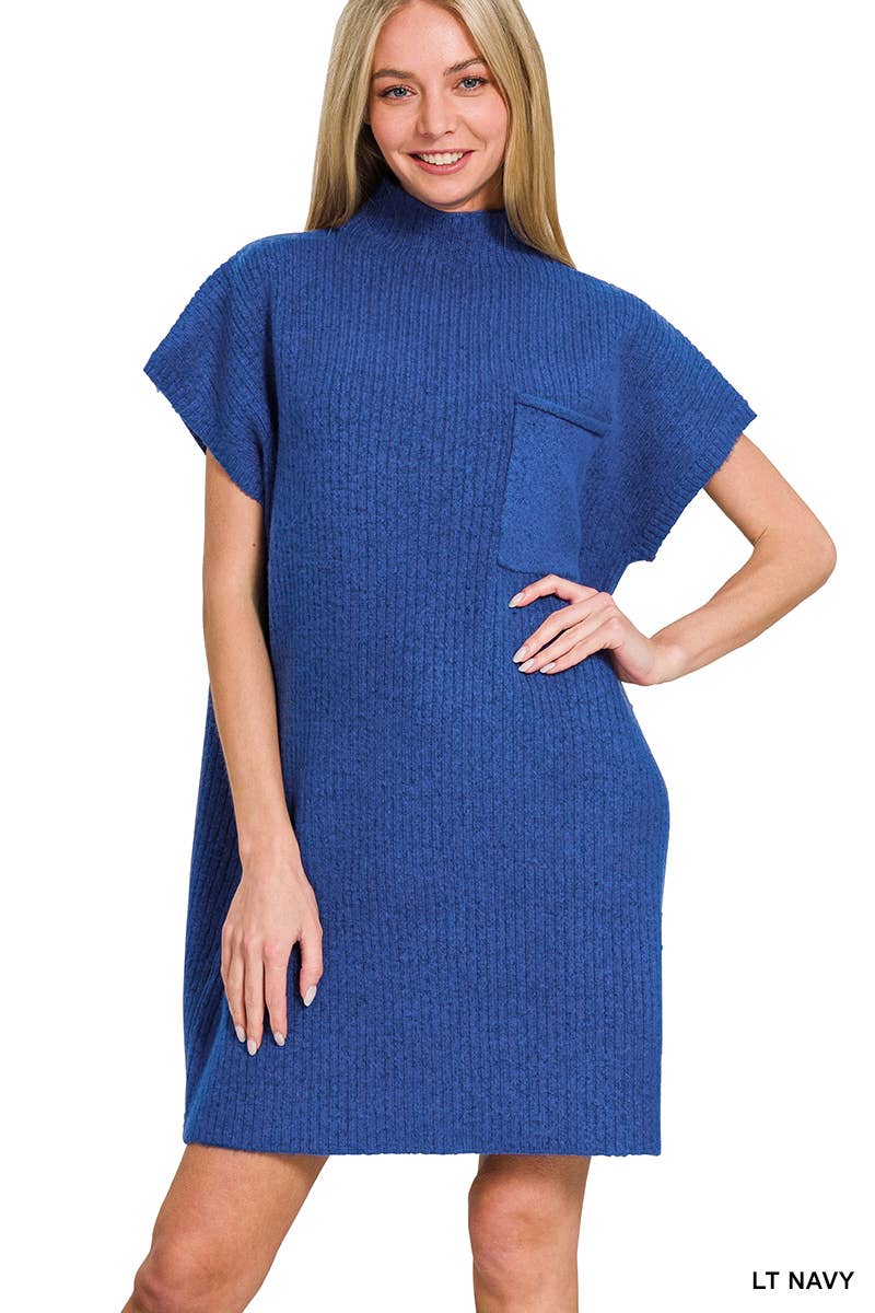 42POPS - Wholesale Dress - Women's - ..SI-26560 Mock Neck Short Sleeve Sweater Dress With Pocket11