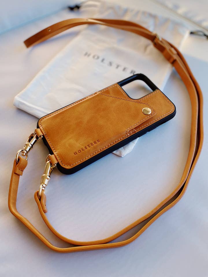 London Tan - Capa de couro genuíno para iPhone Crossbody c/ Carteira por atacado de HOLSTERE
