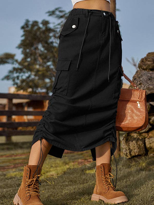 Sheer Trend - Wholesale Skirt - Women's - A-Line Loose Drawstring Elasticity Pockets Solid Color Split-Back Skirts Bottoms1