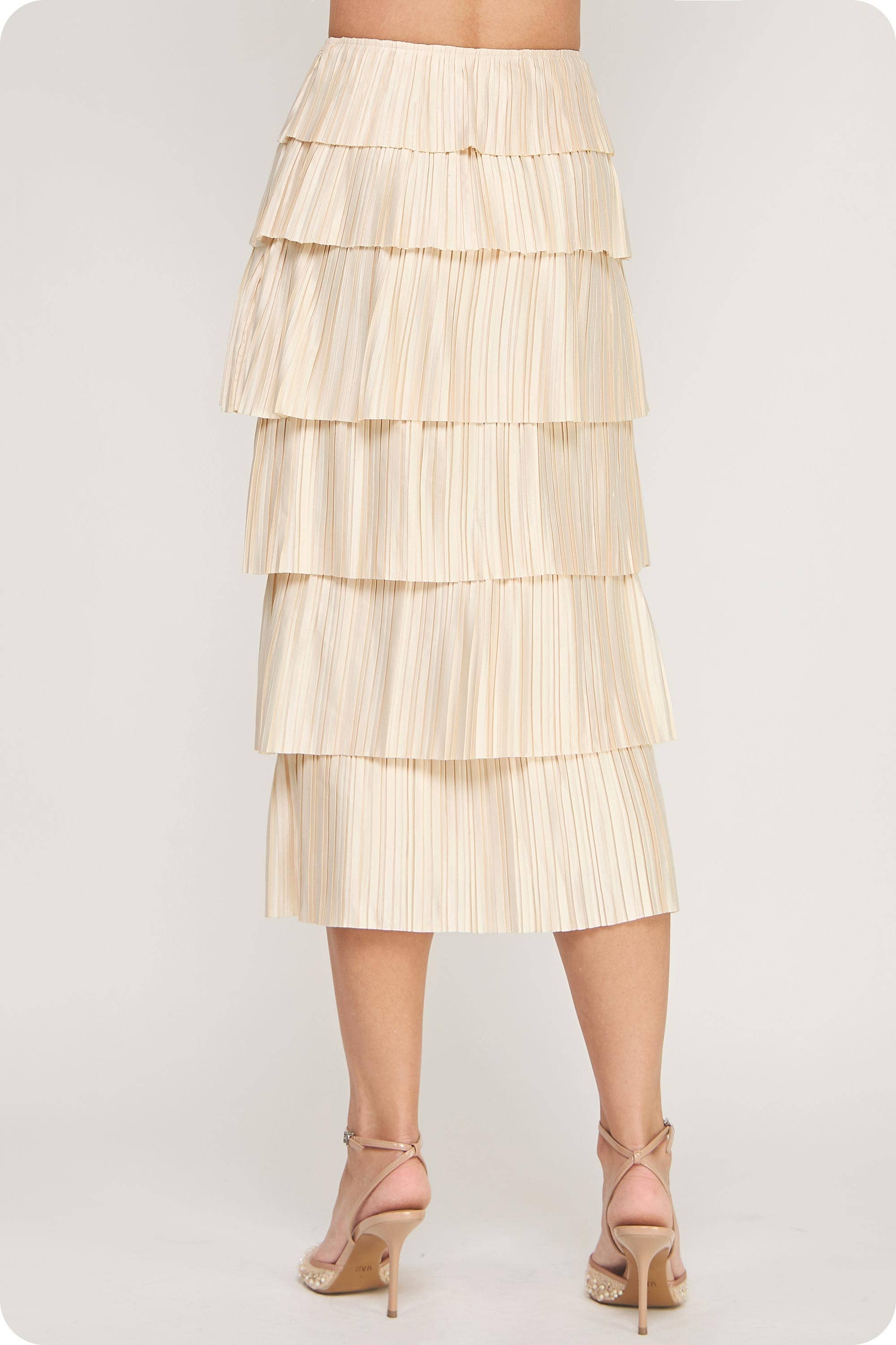 Strut & Bolt - Wholesale Skirt - Women's - Pleated Satin Tiered Midi Skirt3