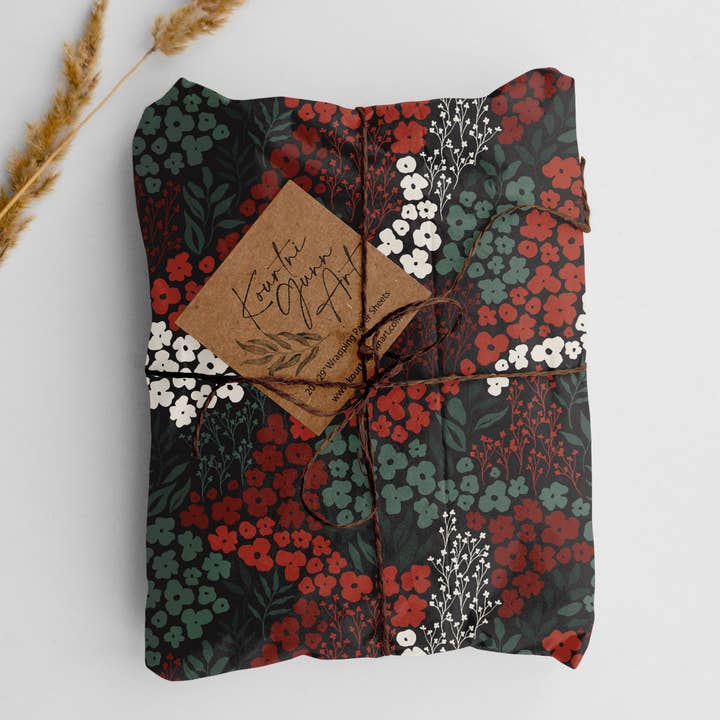 Papel de regalo floral de Navidad | Papel de envolver de Navidad para venta al por mayor de Kourtni Gunn Art