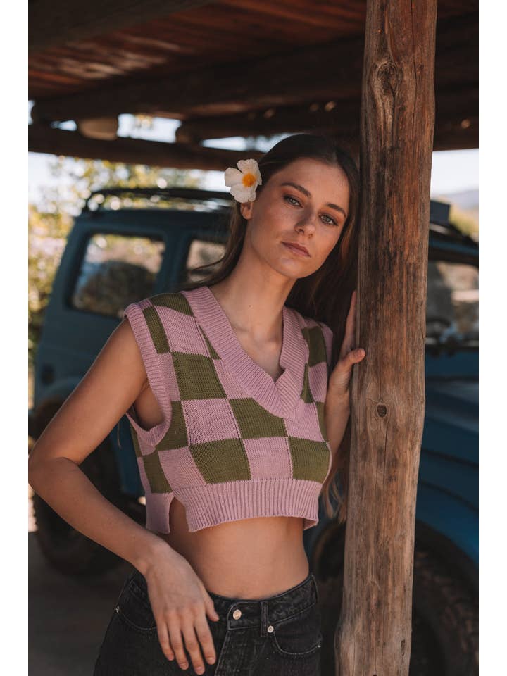 Tipi Tent - Wholesale Sweater Vest - Women's - Green Checkered Vest