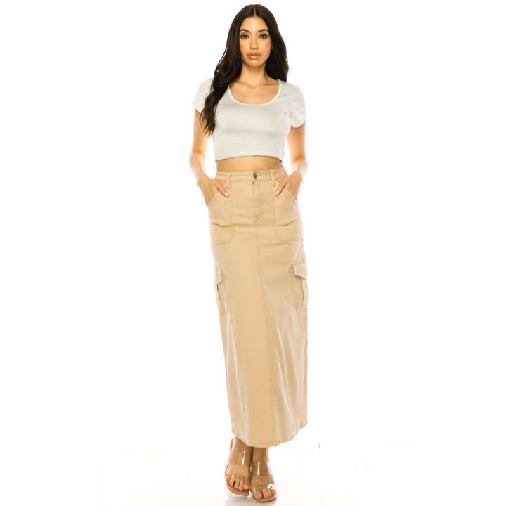 FRONT SLIT MAXI KHAKI COLOR LONG SKIRTS for wholesale on Faire