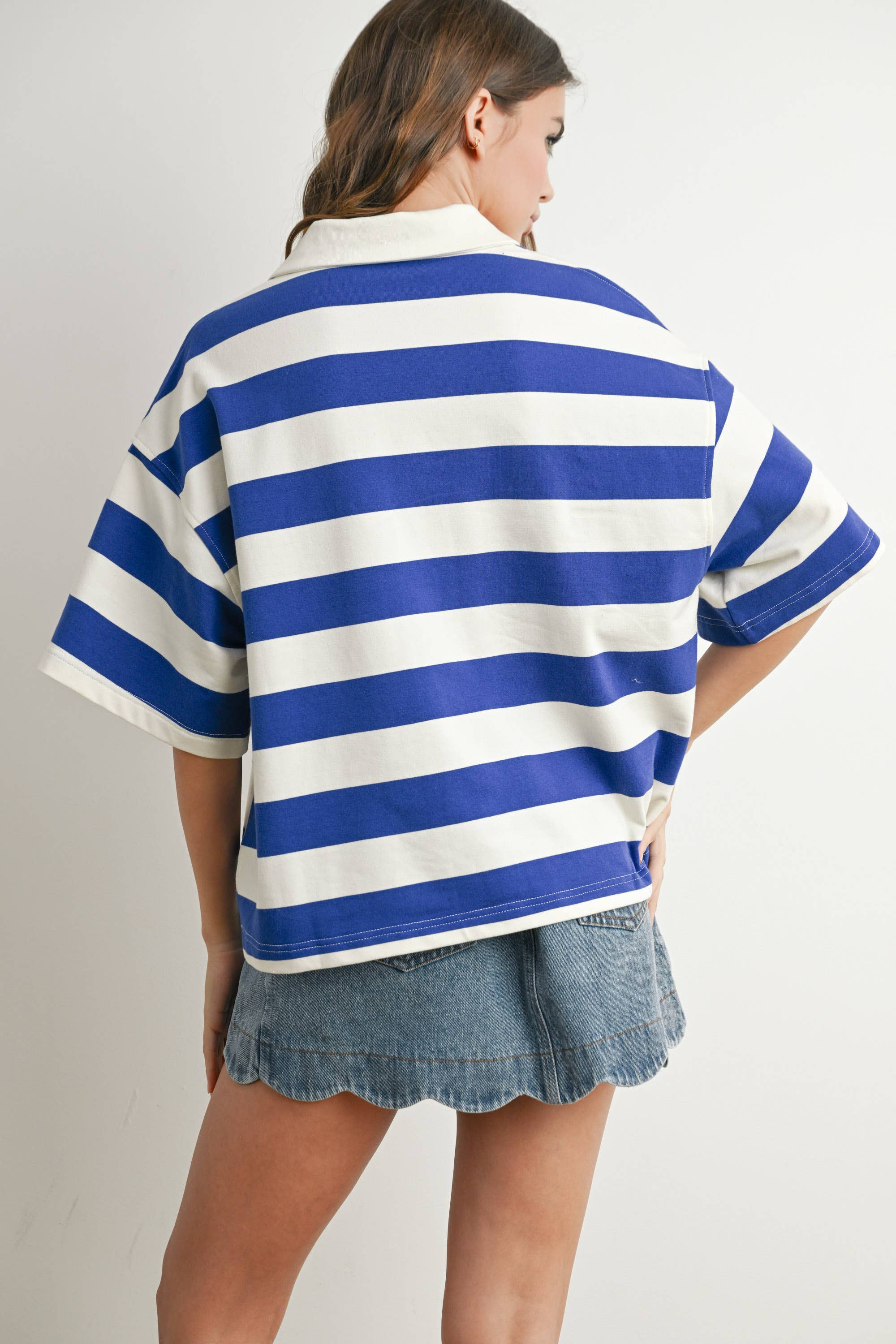BUTTERMELON - Wholesale Polo - Women's - Striped Oversized Polo Shirt - BMT771038