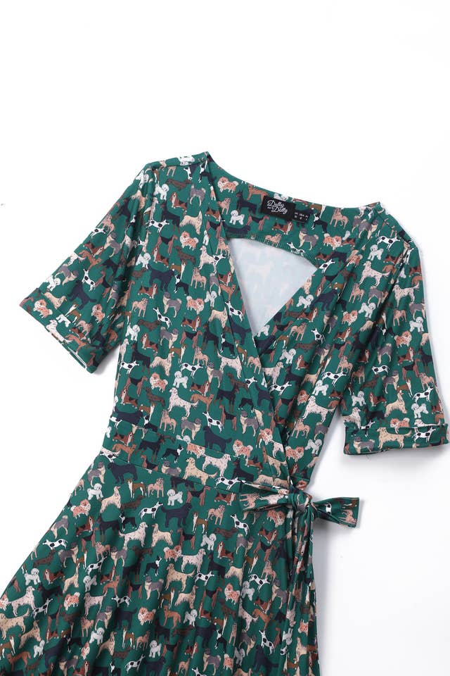 Dolly & Dotty - Venta al por mayor Vestido - Mujer - Vestido cruzado verde de punto vintage con estampado de perros Matilda2