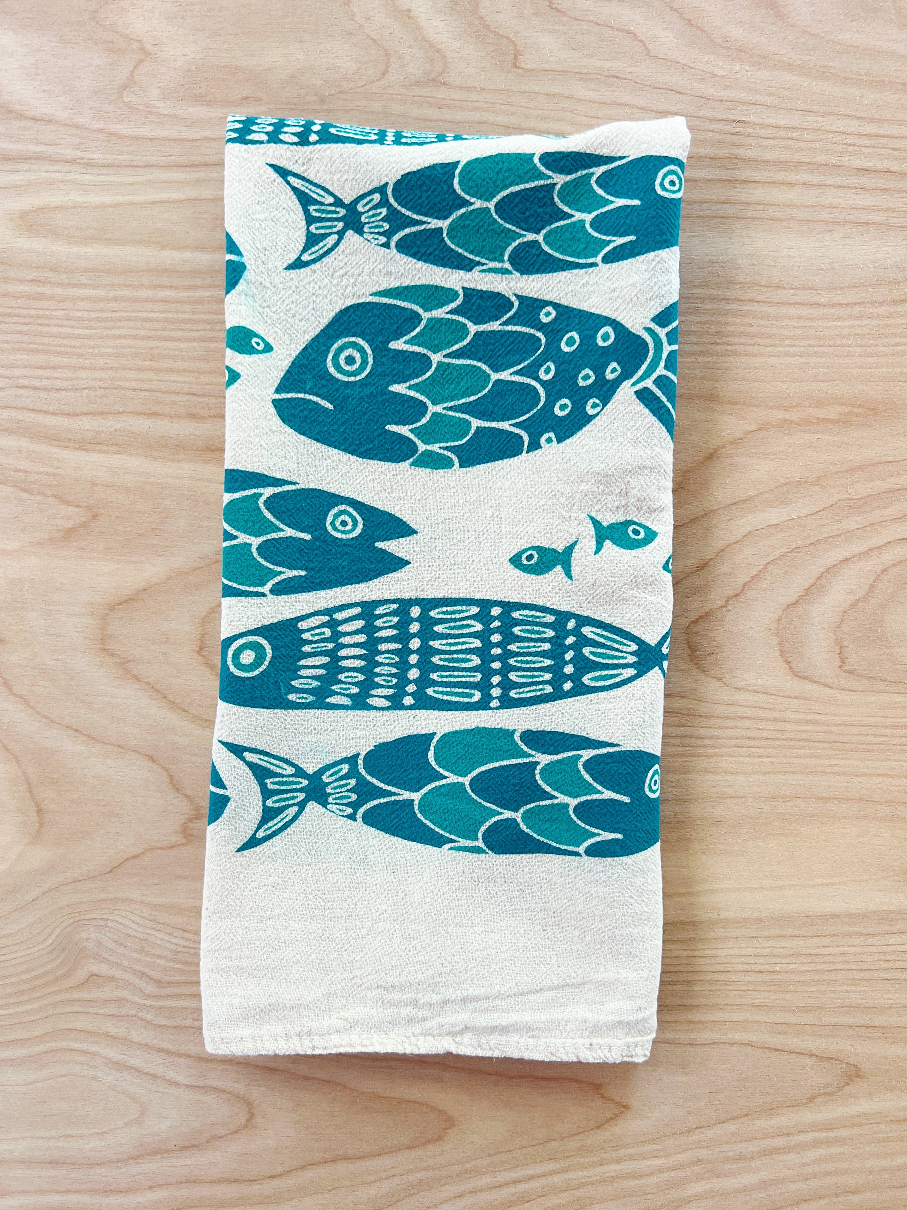 Dark Teal turquoise Fish Tribe Tea Towel for wholesale on Faire