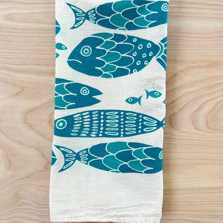 Dark Teal turquoise Fish Tribe Tea Towel for wholesale on Faire0