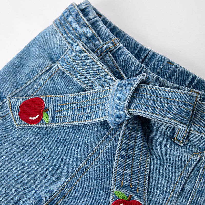 Auraquise - Vente Ensemble haut et short – enfant - Ensemble court en jean brodé de pommes pour filles de retour à l'école2