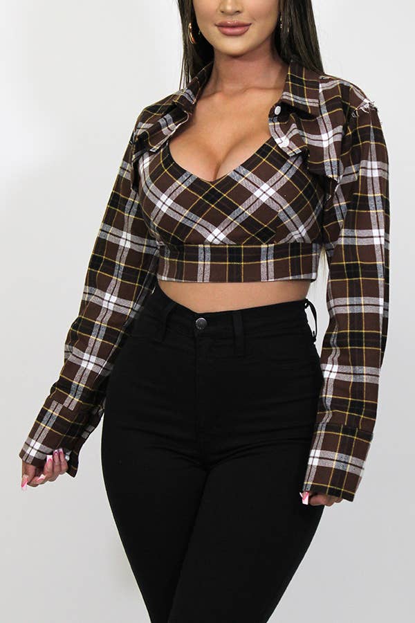 Junie - Vente Ensemble de hauts – femme - DÉBARDEUR À CARREAUX AVEC CHEMISE COURTE À MANCHES LONGUES JST20686