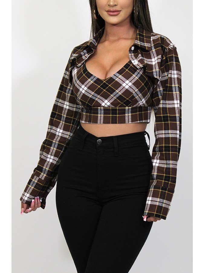 Junie - Vente Ensemble de hauts – femme - DÉBARDEUR À CARREAUX AVEC CHEMISE COURTE À MANCHES LONGUES JST20686