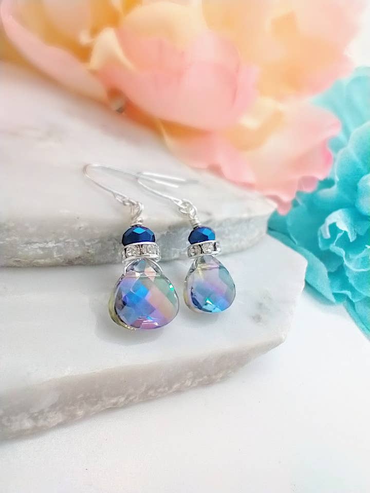 Faceted Metallic Blue Crystal Teardrop Silver Dangle Earrings, Ladies Bridal Earrings, Crystal Drops for wholesale by Bad Apple Designs