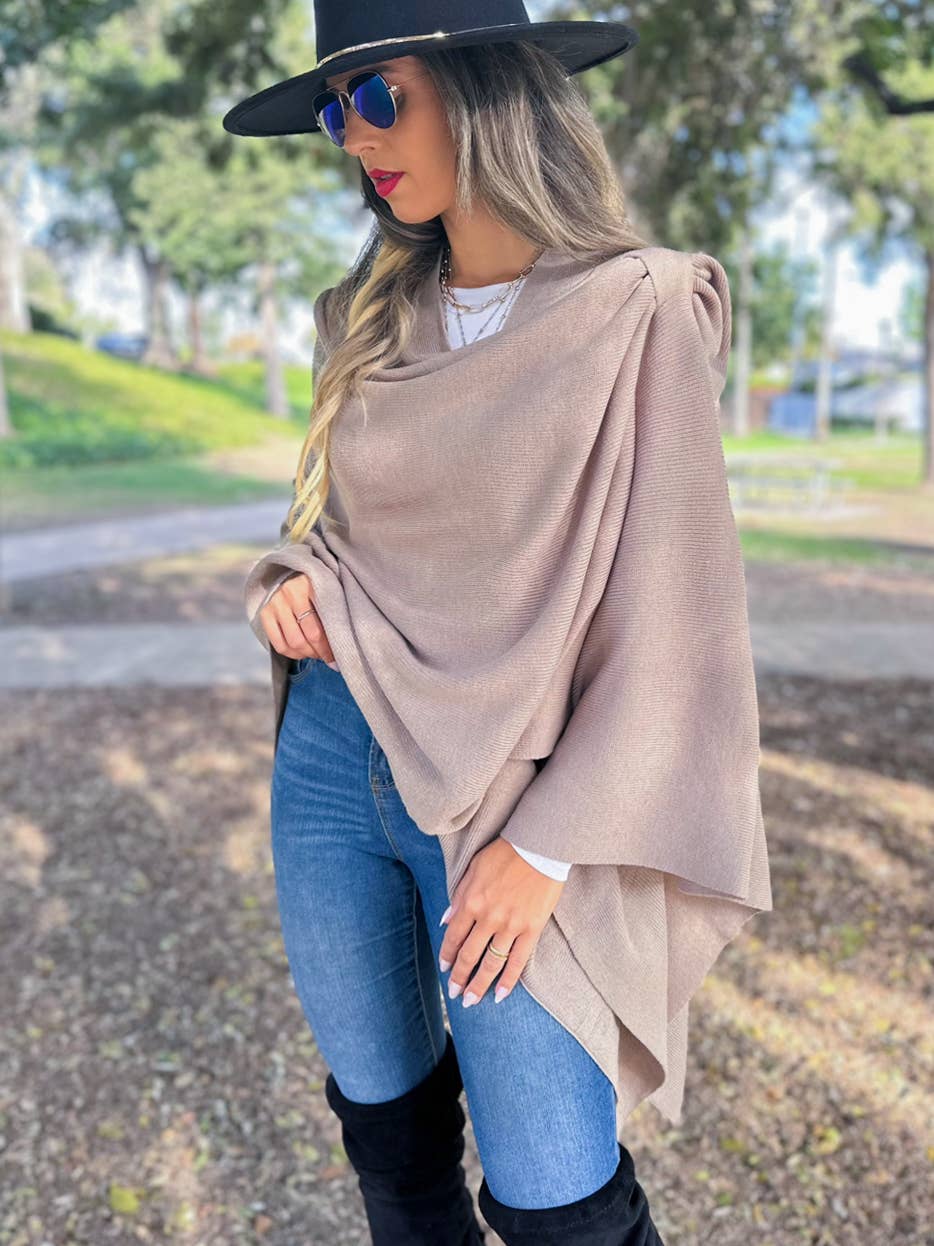 Taupe Solid Knit Ruana Shawl with Shoulder Strap for wholesale on Faire6