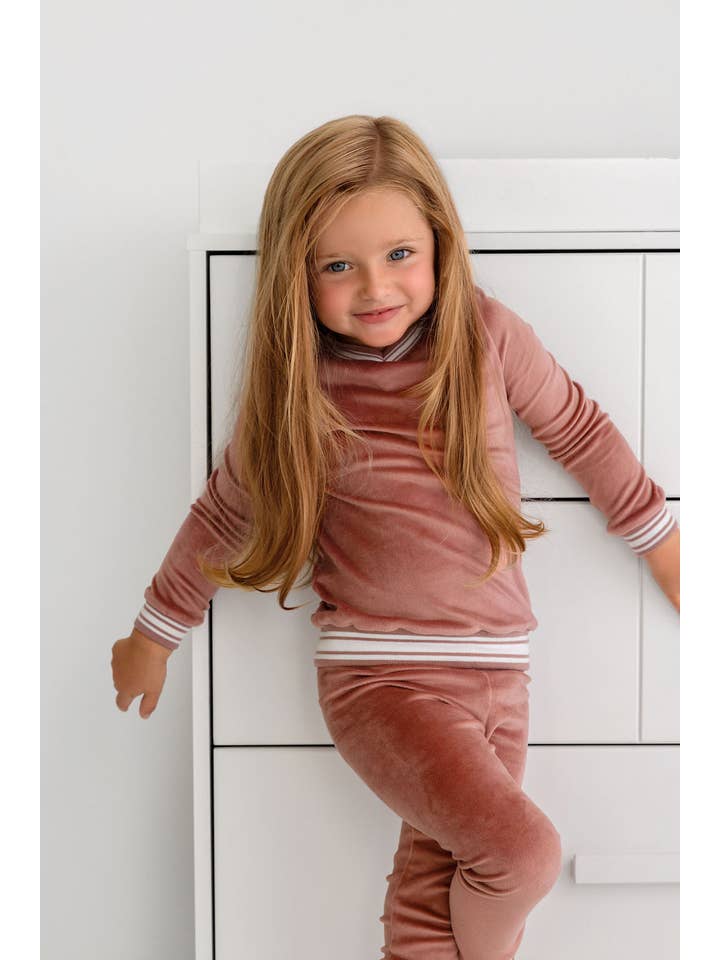 Pouf - Wholesale Sleepwear Set - Kids - Velour Varsity PJ- Dusty Rose