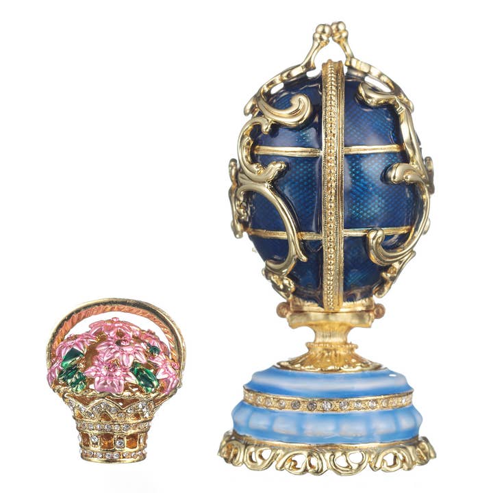 danila-souvenirs - Venta al por mayor Artículo decorativo de mesa - Huevo Faberge Spring Flowers con cesta de flores azul