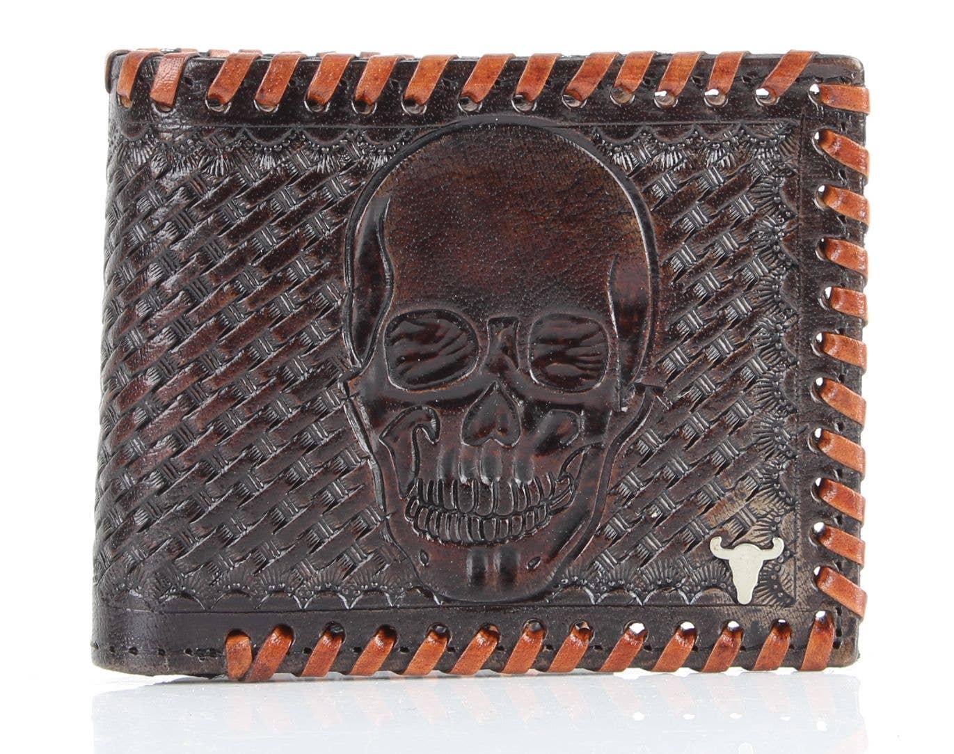 Leather Impressions Inc – Carteira – Homem por atacado – Carteira Americana Bison Lace Edge Pele Tooled Caveira Bifold6