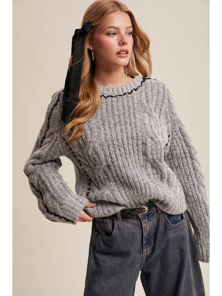Listicle - Wholesale Knit Sweater - Women's - Contrast Stitch Cable Knit Sweater LSW1013 1