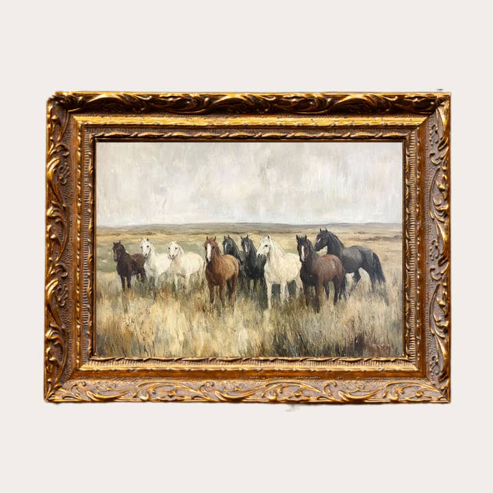 Chevaux Sauvages | Art Encadré en Moulure Dorée Inspiré par le Cuivre Français pour la vente par Luxe B Co Canada