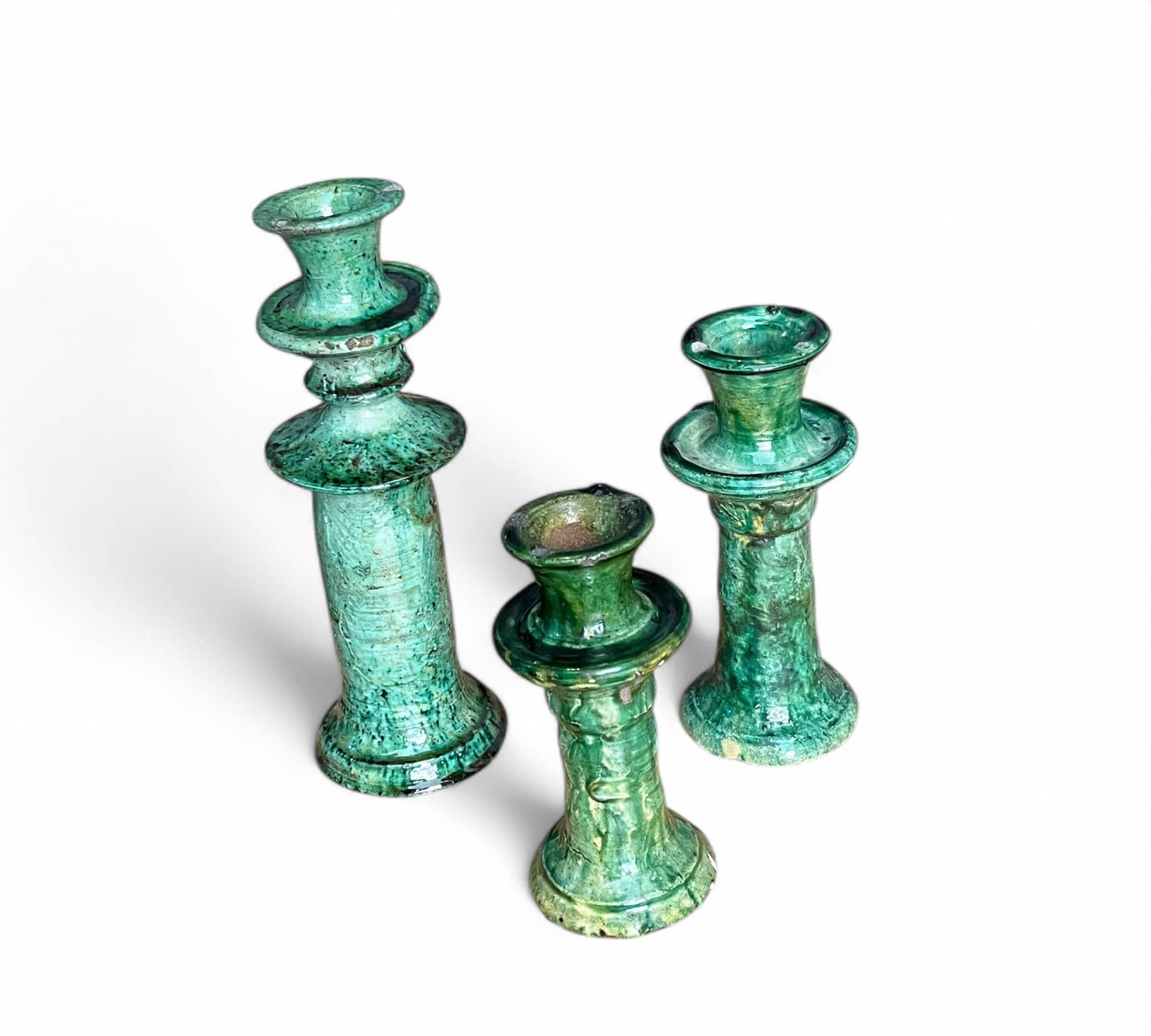 Moroccantastics - Wholesale Candle Holder - Handmade Tamegroute Candleholder Set – Tall Green Moroccan Pottery: Set of 3 Ceramic Glazed Pottery9