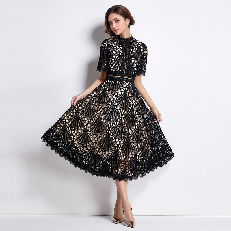 Productseeker – wholesale Klänning - Dam – DR570Y sommarklänning med rund hals och spetsdetaljer, vid kjol0