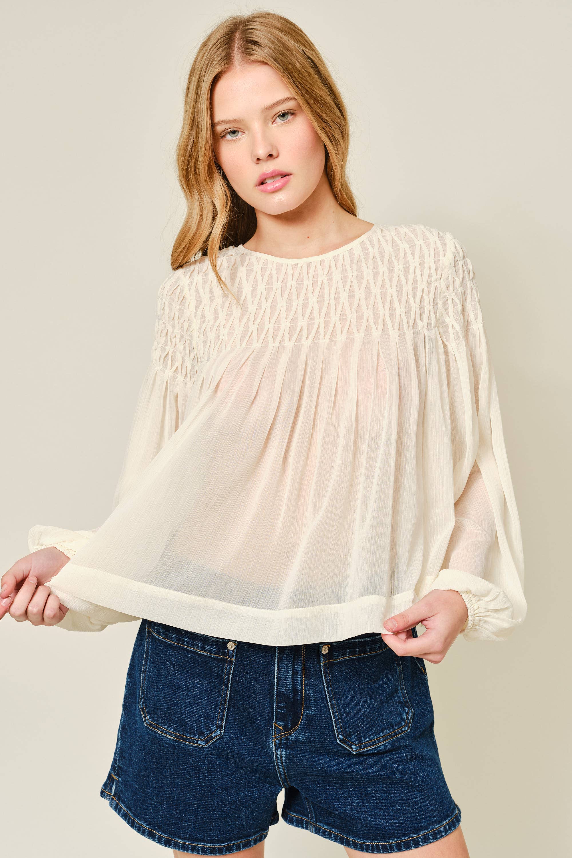 Aaron & Amber - Wholesale Blouse - Women's - AJT5433 SPECIAL SMOCKED DETAIL LONG SLEEVE BLOUSE0
