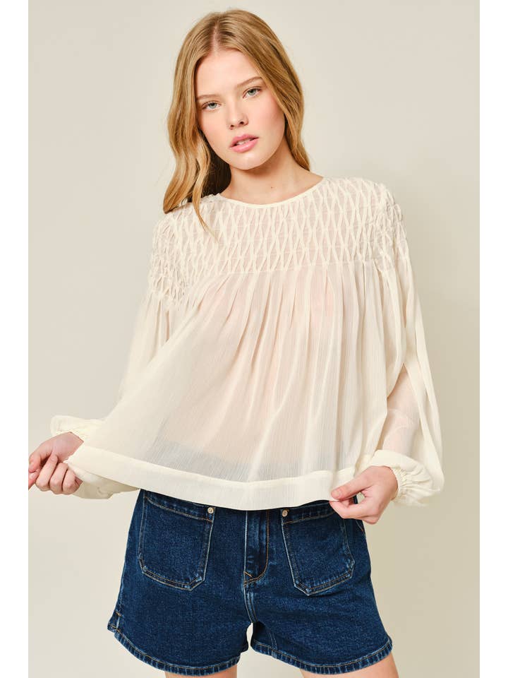 Aaron & Amber - Wholesale Blouse - Women's - AJT5433 SPECIAL SMOCKED DETAIL LONG SLEEVE BLOUSE