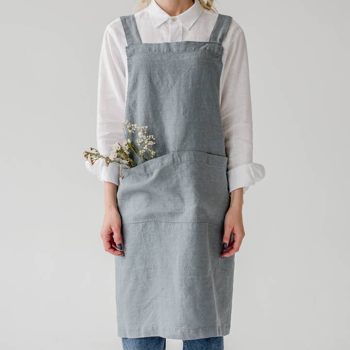 Linen Tales - Wholesale Apron - Blue Fog Linen Japanese Crossback Apron