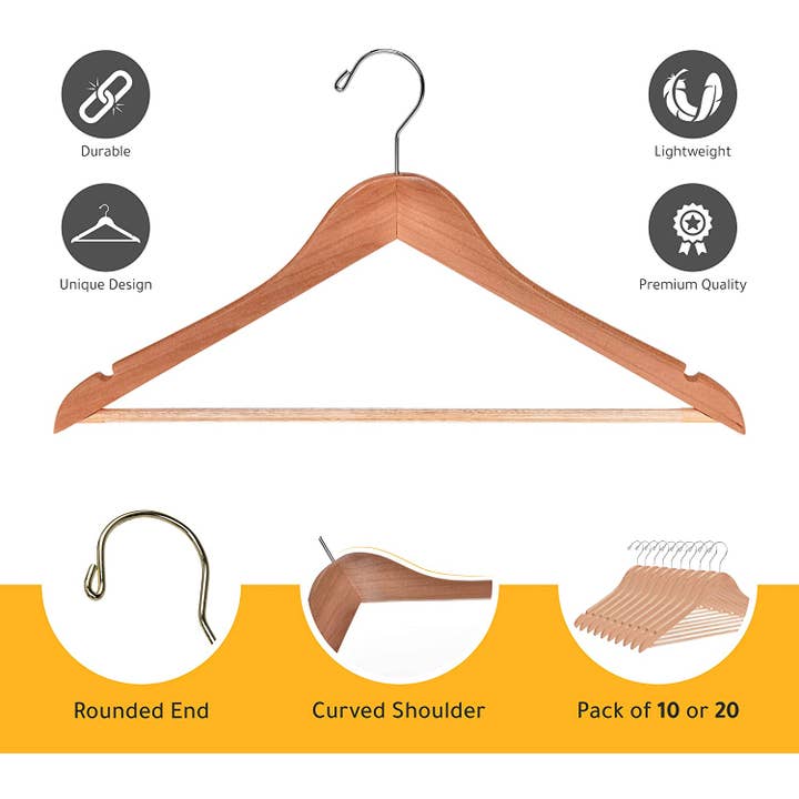 Quality Hangers - Wholesale Clothes Hangers - W030 Semi Curved Wooden Hanger, 17.5" Natural - 90