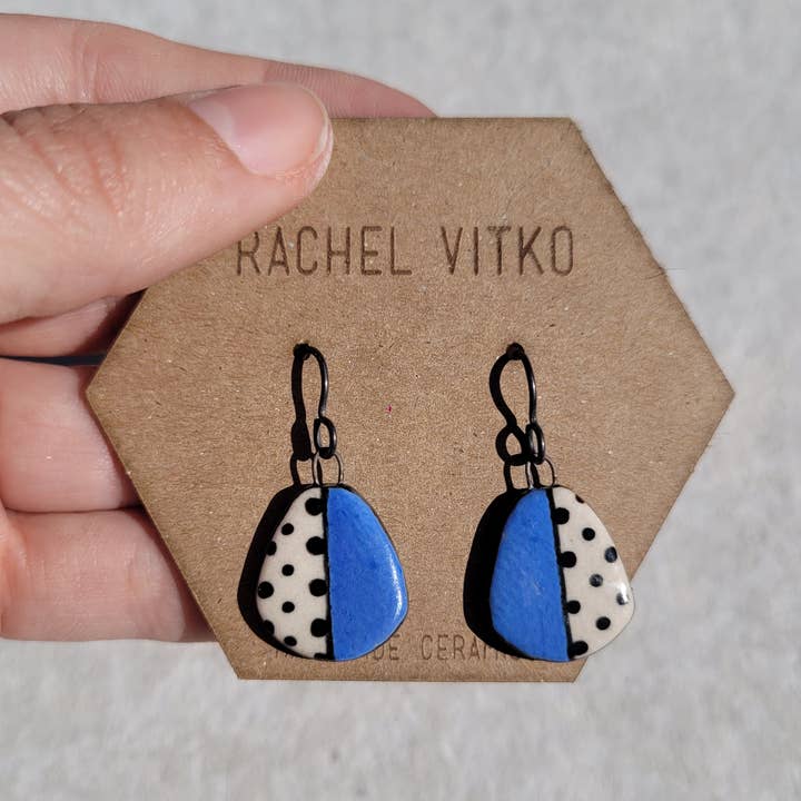 Hand painted (ON BOTH SIDES) ceramic dangle earrings. for wholesale by Rachel Vitko Pottery