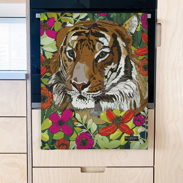 Tea Towel - UK Made - Big Cat Tiger - Organic Cotton for wholesale by Bean and Bemble