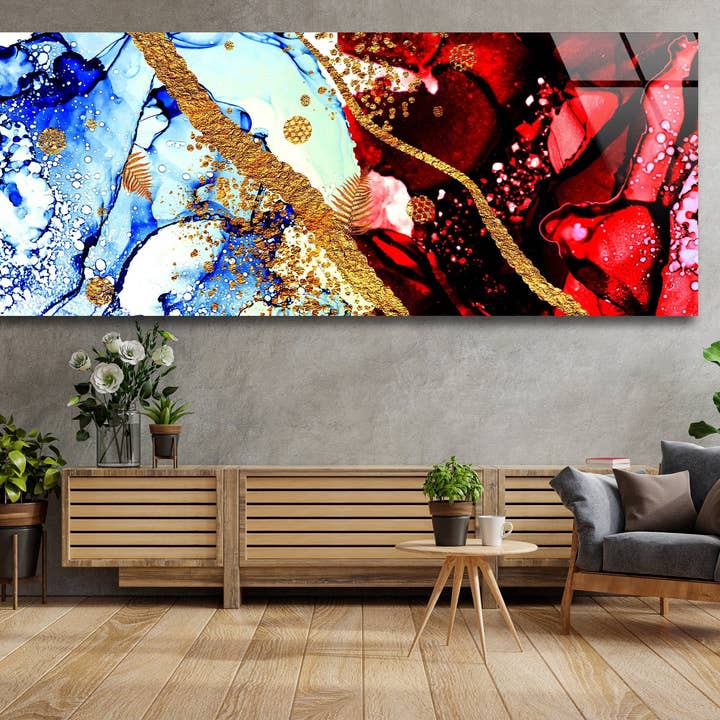 Art mural abstrait en verre trempé rouge et bleu pour la vente par MyPhotostation