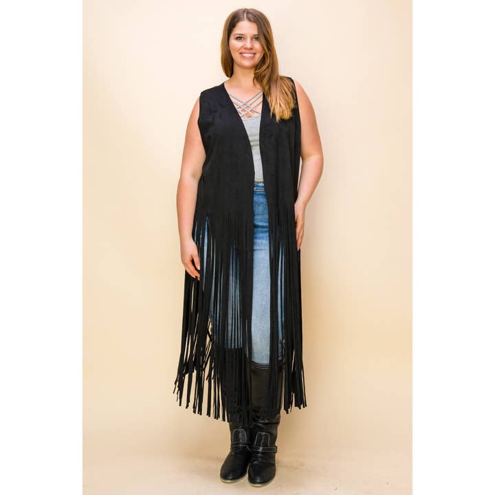 PLUS SUEDE COWGIRL LONG FRINGE SLEEVELESS CARDIGAN for wholesale by VOCAL