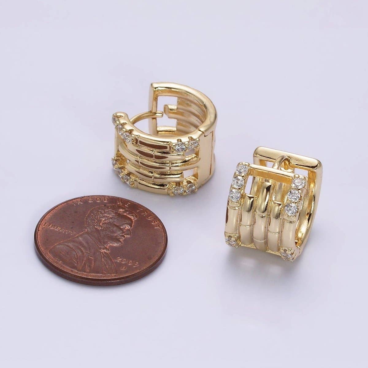 Aim Eternal - Wholesale Huggie Earrings - 14K Gold Filled Clear Micro Paved Lined Multiple Band Bamboo Wide 14mm Huggie Earrings | AE5493